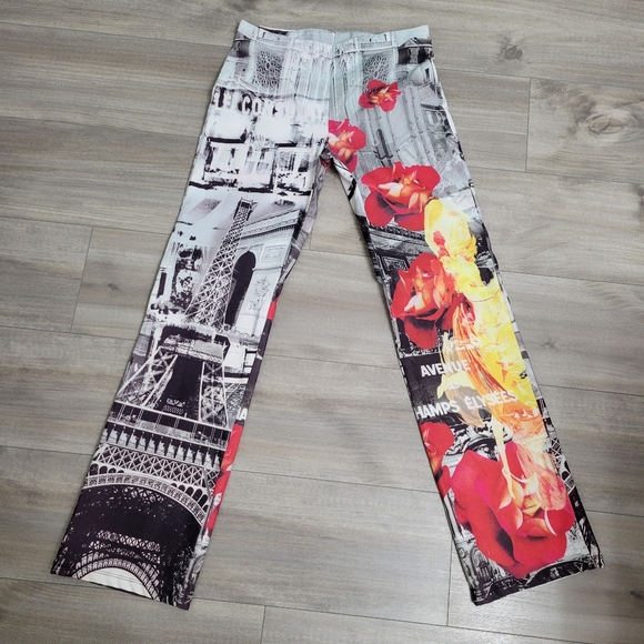 Vintage Y2K PARIS FRANCE EIFFEL Tower Champs Elysees Postcard Print Pants - Picture 2 of 5